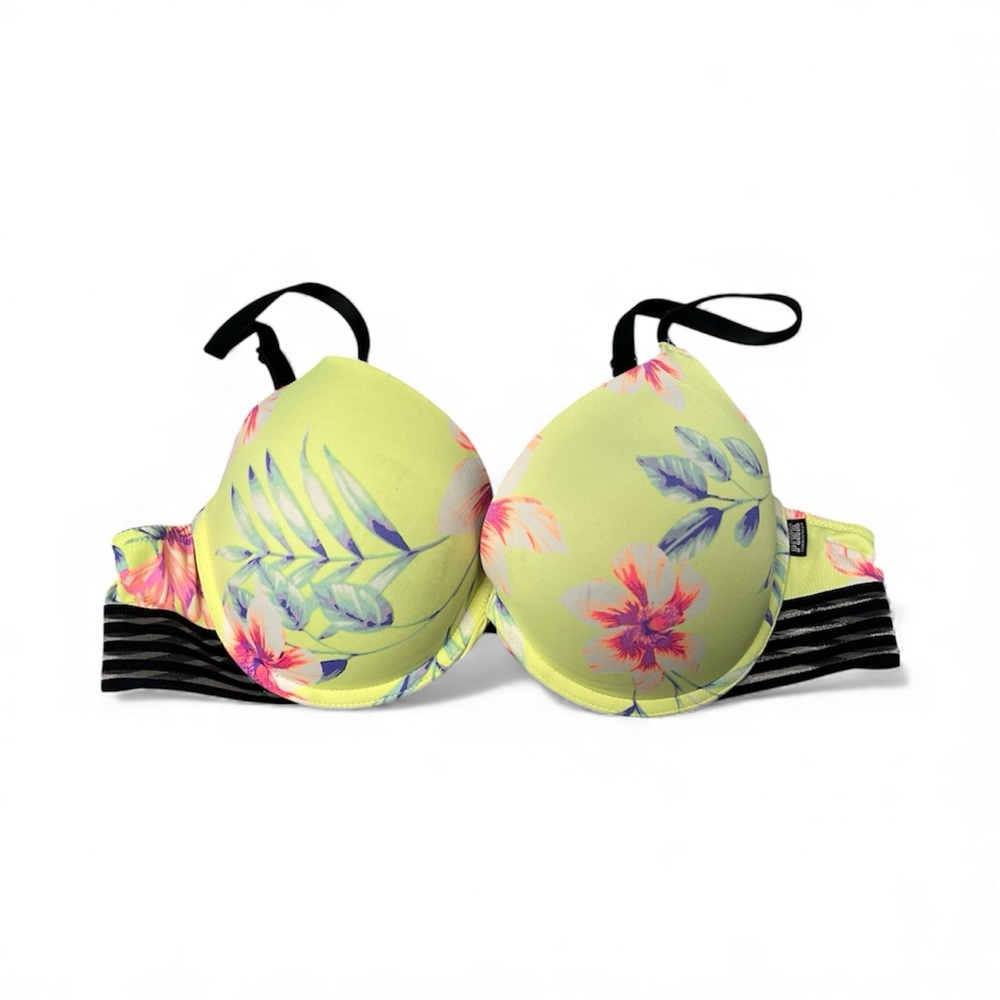 Victoria's Secret Pink Floral w/ Black Striped Band Push Up Underwire Bra Sz 36C